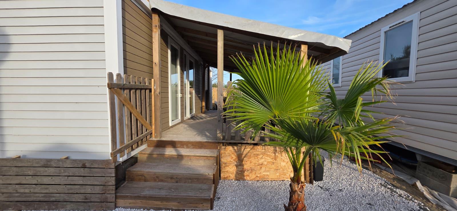 La terrasse extérieure et son entrée, entre les palmiers